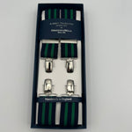 Albert Thurston for Cruciani & Bella Made in England Clip on Adjustable Sizing 35 mm elastic braces Blue and Green Stripes X-Shaped Nickel Fittings Size: L #7373