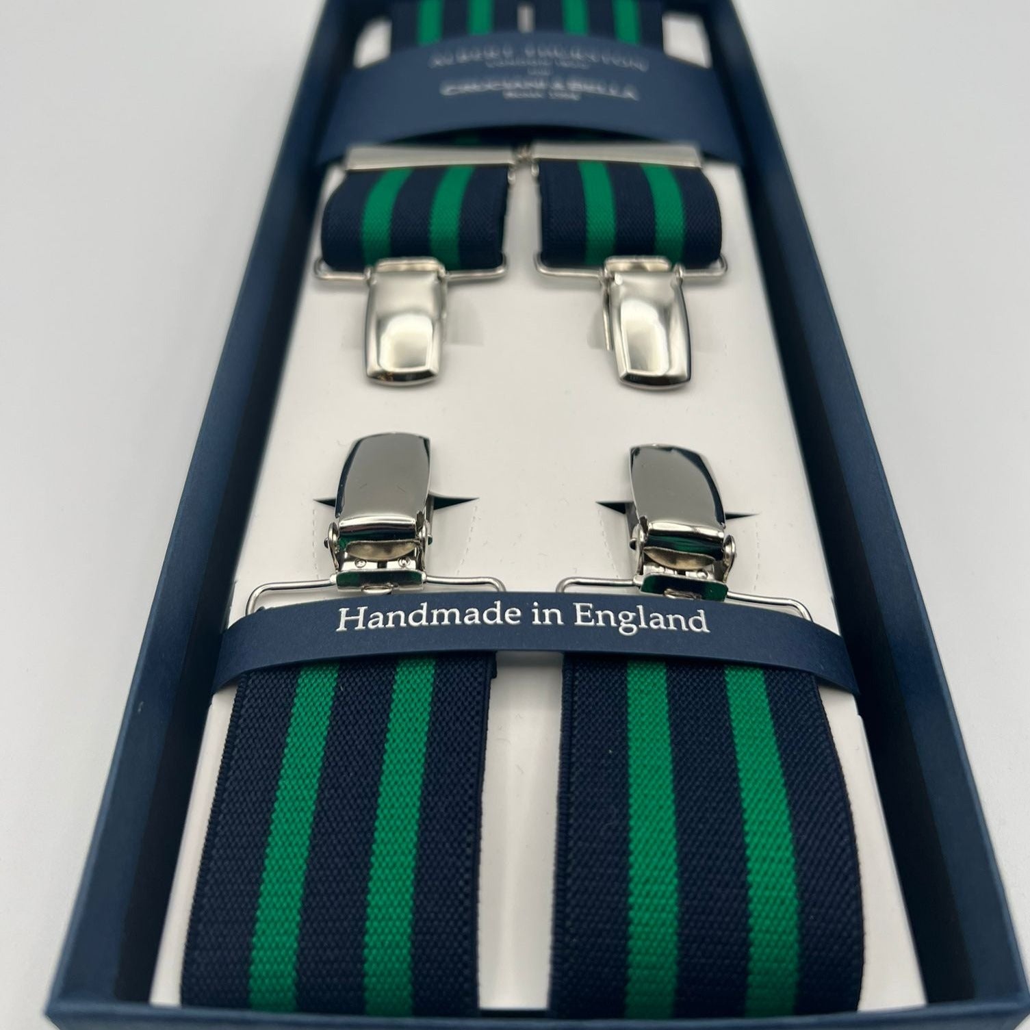 Albert Thurston for Cruciani & Bella Made in England Clip on Adjustable Sizing 35 mm elastic braces Blue and Green Stripes X-Shaped Nickel Fittings Size: L #7373