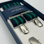 Albert Thurston for Cruciani & Bella Made in England Clip on Adjustable Sizing 35 mm elastic braces Blue and Green Stripes X-Shaped Nickel Fittings Size: L #7373