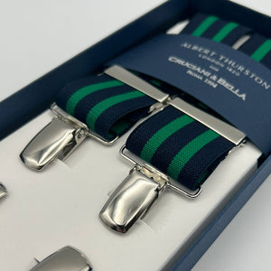 Albert Thurston for Cruciani & Bella Made in England Clip on Adjustable Sizing 35 mm elastic braces Blue and Green Stripes X-Shaped Nickel Fittings Size: L #7373