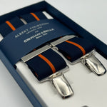 Albert Thurston for Cruciani & Bella Made in England Clip on Adjustable Sizing 35 mm elastic braces Blue and Orange Stripe X-Shaped Nickel Fittings Size: L #7366