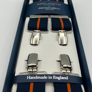 Albert Thurston for Cruciani & Bella Made in England Clip on Adjustable Sizing 35 mm elastic braces Blue and Orange Stripe X-Shaped Nickel Fittings Size: L #7366