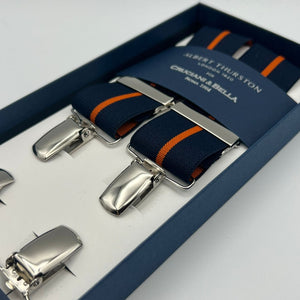 Albert Thurston for Cruciani & Bella Made in England Clip on Adjustable Sizing 35 mm elastic braces Blue and Orange Stripe X-Shaped Nickel Fittings Size: L #7366