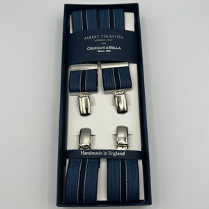 Albert Thurston for Cruciani & Bella Made in England Clip on Adjustable Sizing 35 mm elastic braces Blue and Little Red Herat X-Shaped Nickel Fittings Size: L #7371