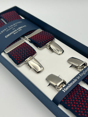 Albert Thurston for Cruciani & Bella Made in England Clip on Adjustable Sizing 35 mm elastic braces Blue and Little Red Herat X-Shaped Nickel Fittings Size: L #7367