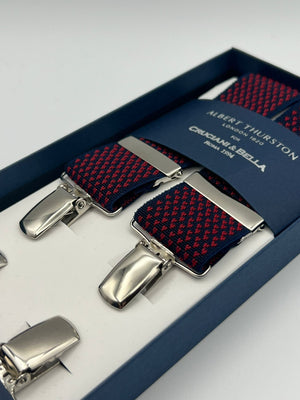 Albert Thurston for Cruciani & Bella Made in England Clip on Adjustable Sizing 35 mm elastic braces Blue and Little Red Herat X-Shaped Nickel Fittings Size: L #7367