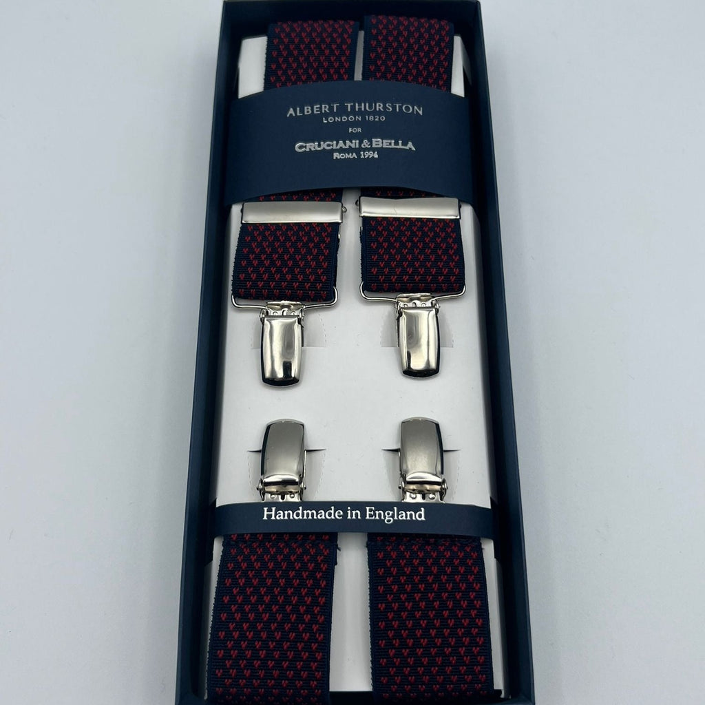 Albert Thurston for Cruciani & Bella Made in England Clip on Adjustable Sizing 35 mm elastic braces Blue and Little Red Herat X-Shaped Nickel Fittings Size: L #7367