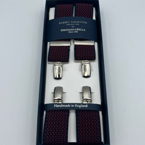 Albert Thurston for Cruciani & Bella Made in England Clip on Adjustable Sizing 35 mm elastic braces Blue and Little Red Herat X-Shaped Nickel Fittings Size: L #7367