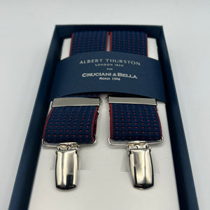 Albert Thurston for Cruciani & Bella Made in England Clip on Adjustable Sizing 35 mm elastic braces Blue and Red Motif X-Shaped Nickel Fittings Size: L #7365