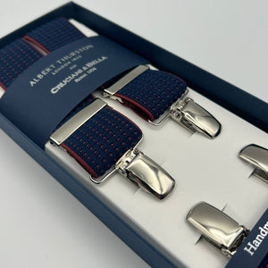 Albert Thurston for Cruciani & Bella Made in England Clip on Adjustable Sizing 35 mm elastic braces Blue and Red Motif X-Shaped Nickel Fittings Size: L #7365