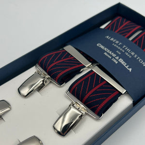 Albert Thurston for Cruciani & Bella Made in England Clip on Adjustable Sizing 35 mm elastic braces Blue and Red Motif X-Shaped Nickel Fittings Size: L #7364