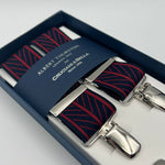 Albert Thurston for Cruciani & Bella Made in England Clip on Adjustable Sizing 35 mm elastic braces Blue and Red Motif X-Shaped Nickel Fittings Size: L #7364