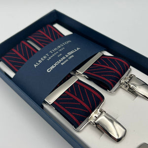 Albert Thurston for Cruciani & Bella Made in England Clip on Adjustable Sizing 35 mm elastic braces Blue and Red Motif X-Shaped Nickel Fittings Size: L #7364