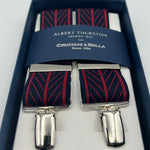 Albert Thurston for Cruciani & Bella Made in England Clip on Adjustable Sizing 35 mm elastic braces Blue and Red Motif X-Shaped Nickel Fittings Size: L #7364