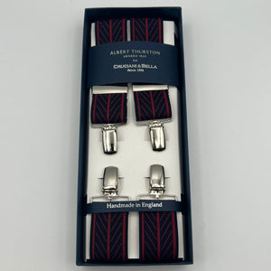Albert Thurston for Cruciani & Bella Made in England Clip on Adjustable Sizing 35 mm elastic braces Blue and Red Motif X-Shaped Nickel Fittings Size: L #7364