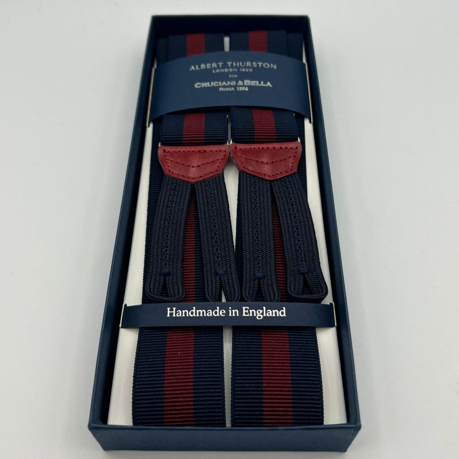 Albert Thurston for Cruciani & Bella Made in England Adjustable Sizing 35 mm Elastic Braces Bleu and Red Stripe Braces Braid ends Y-Shaped Nickel Fittings Size: L #7414