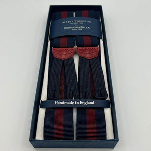 Albert Thurston for Cruciani & Bella Made in England Adjustable Sizing 35 mm Elastic Braces Bleu and Red Stripe Braces Braid ends Y-Shaped Nickel Fittings Size: L #7414