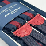 Albert Thurston for Cruciani & Bella Made in England Adjustable Sizing 35 mm Elastic Braces Bleu and Red Stripe Braces Braid ends Y-Shaped Nickel Fittings Size: L #7414