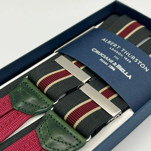 Albert Thurston for Cruciani & Bella Made in England Adjustable Sizing 35 mm Elastic Braces Green and Red Stripe Braces Braid ends Y-Shaped Nickel Fittings Size: L #7416