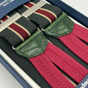 Albert Thurston for Cruciani & Bella Made in England Adjustable Sizing 35 mm Elastic Braces Green and Red Stripe Braces Braid ends Y-Shaped Nickel Fittings Size: L #7416