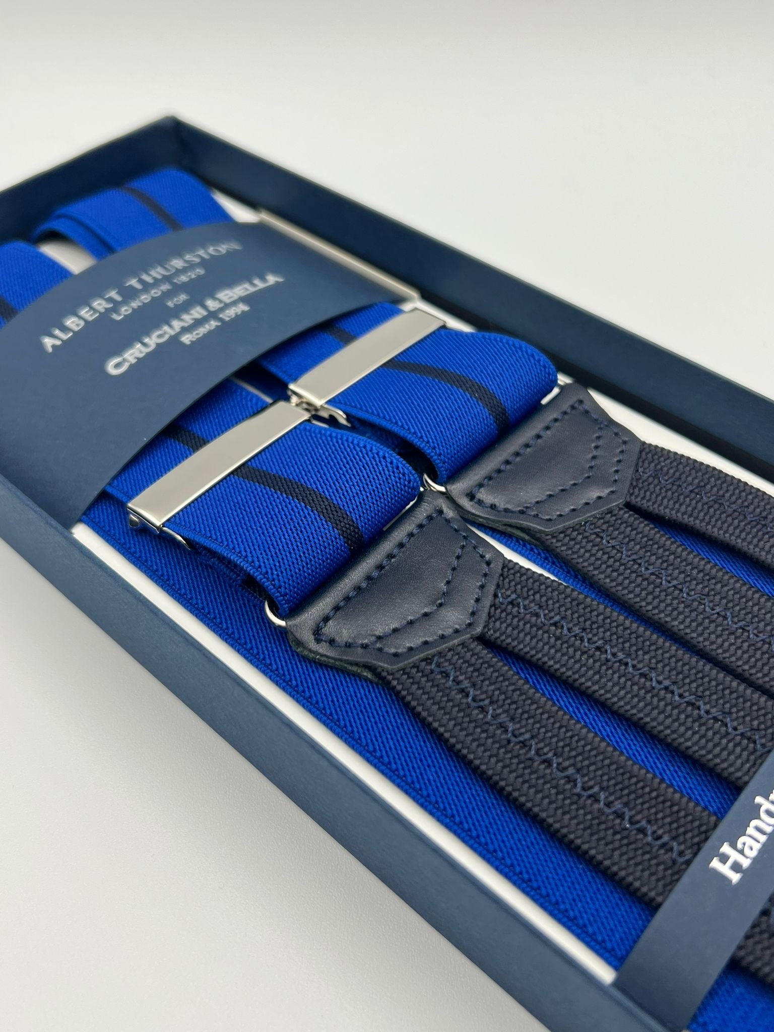 Albert Thurston for Cruciani & Bella Made in England Adjustable Sizing 35 mm Elastic Braces Light Blue and Blue Stripe Braces Braid ends Y-Shaped Nickel Fittings Size: L #7417
