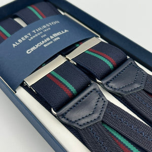 Albert Thurston for Cruciani & Bella Made in England Adjustable Sizing 35 mm Elastic Braces Blue, Green and Red Stripes Braces Braid ends Y-Shaped Nickel Fittings Size: L #7412