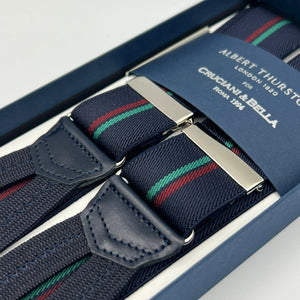 Albert Thurston for Cruciani & Bella Made in England Adjustable Sizing 35 mm Elastic Braces Blue, Green and Red Stripes Braces Braid ends Y-Shaped Nickel Fittings Size: L #7412