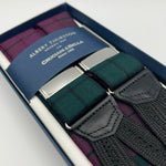 Albert Thurston for Cruciani & Bella Made in England Adjustable Sizing 40 mm braces 100% Wool Wine and Green Tartan Morif Braid ends Y-Shaped Nickel Fittings XL 7403
