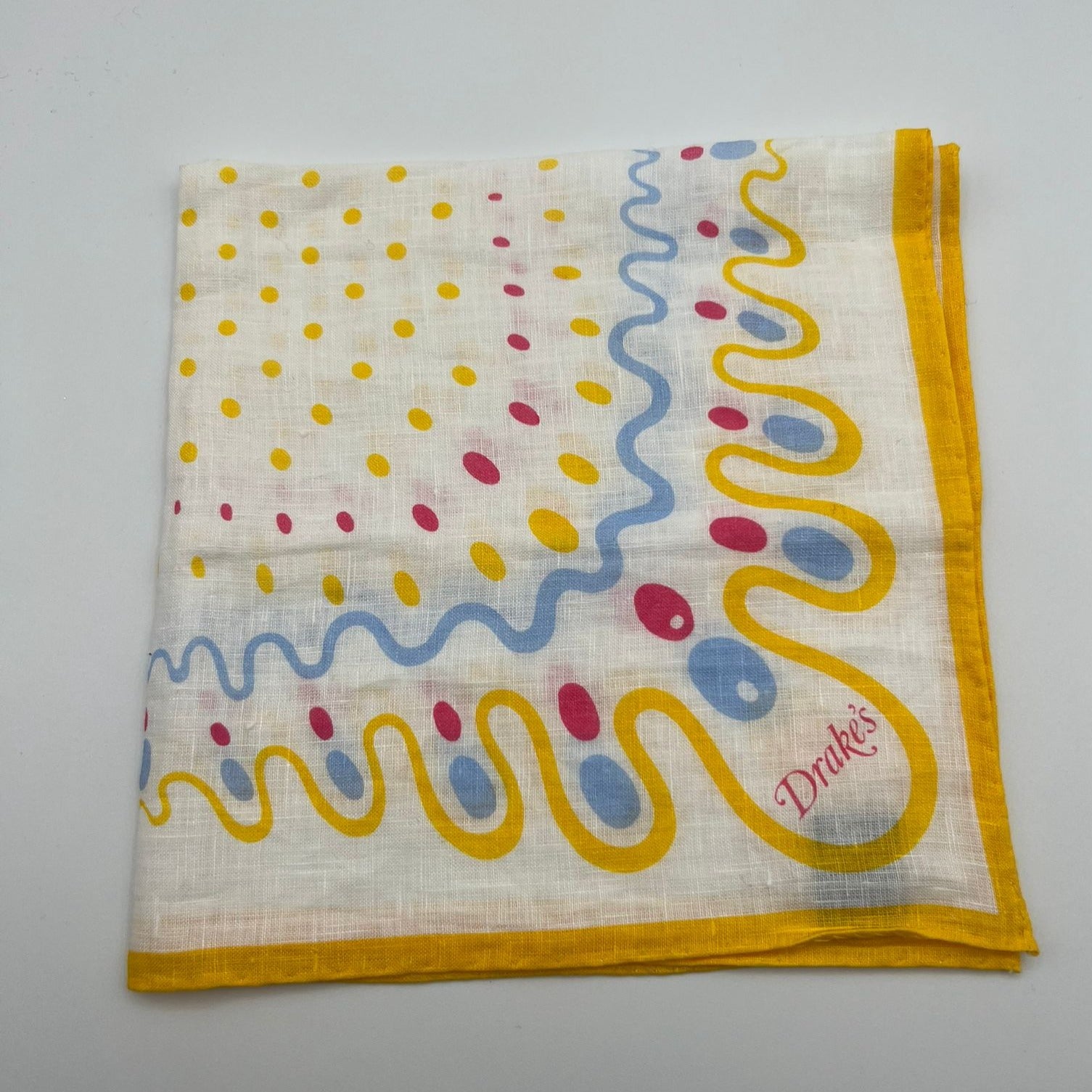 Drake's 100% Linen Hand-rolled White and Yellow -  Pocket Square Handmade in Italy 41 cm X 41cm #7423