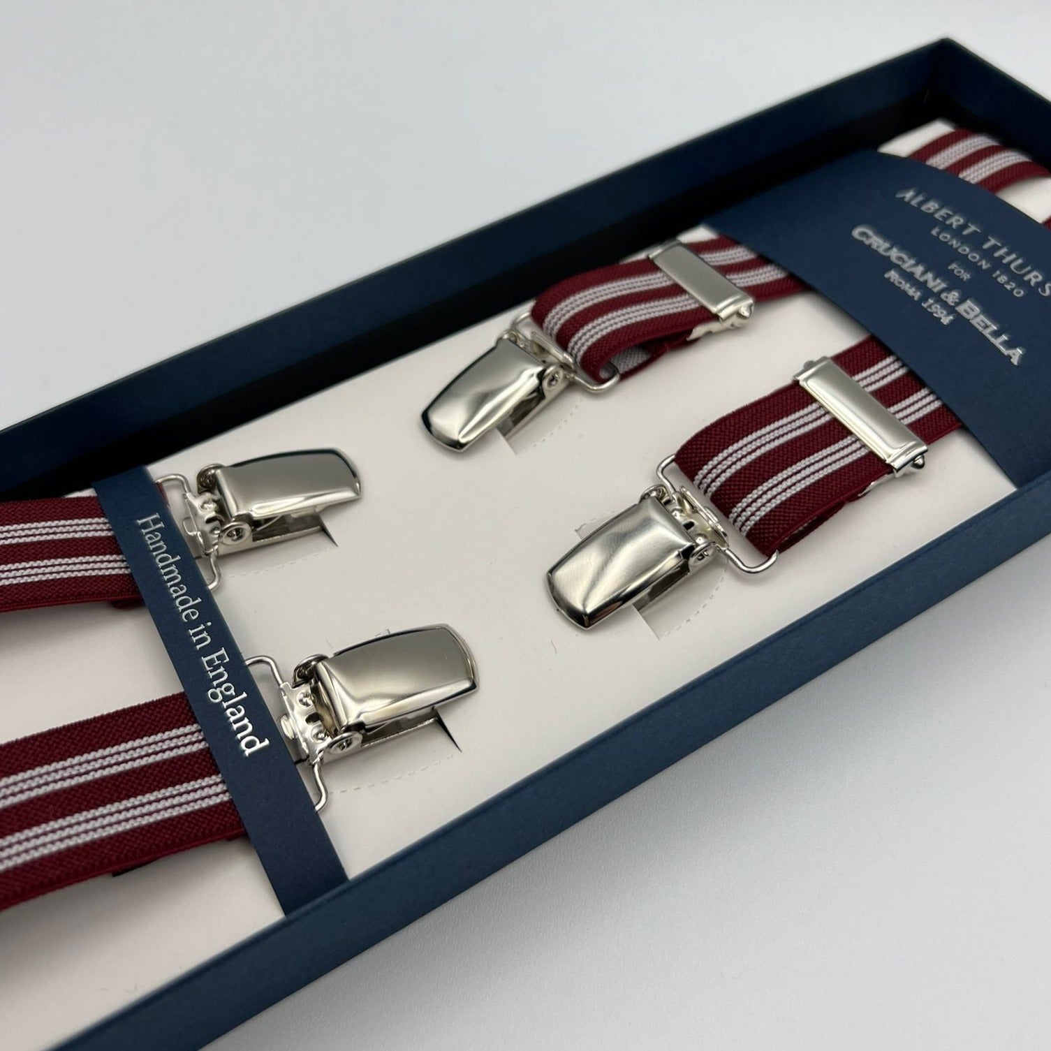 Albert Thurston for Cruciani & Bella Made in England Clip on Adjustable Sizing 25 mm elastic braces Red, White Stripes X-Shaped Nickel Fittings Size: L #7357