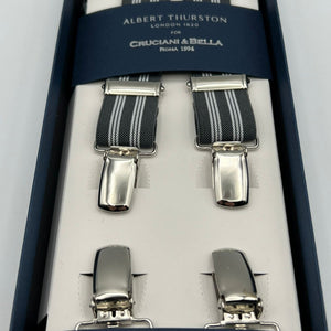 Albert Thurston for Cruciani & Bella Made in England Clip on Adjustable Sizing 25 mm elastic braces Grey, White Stripes X-Shaped Nickel Fittings Size: L #7358