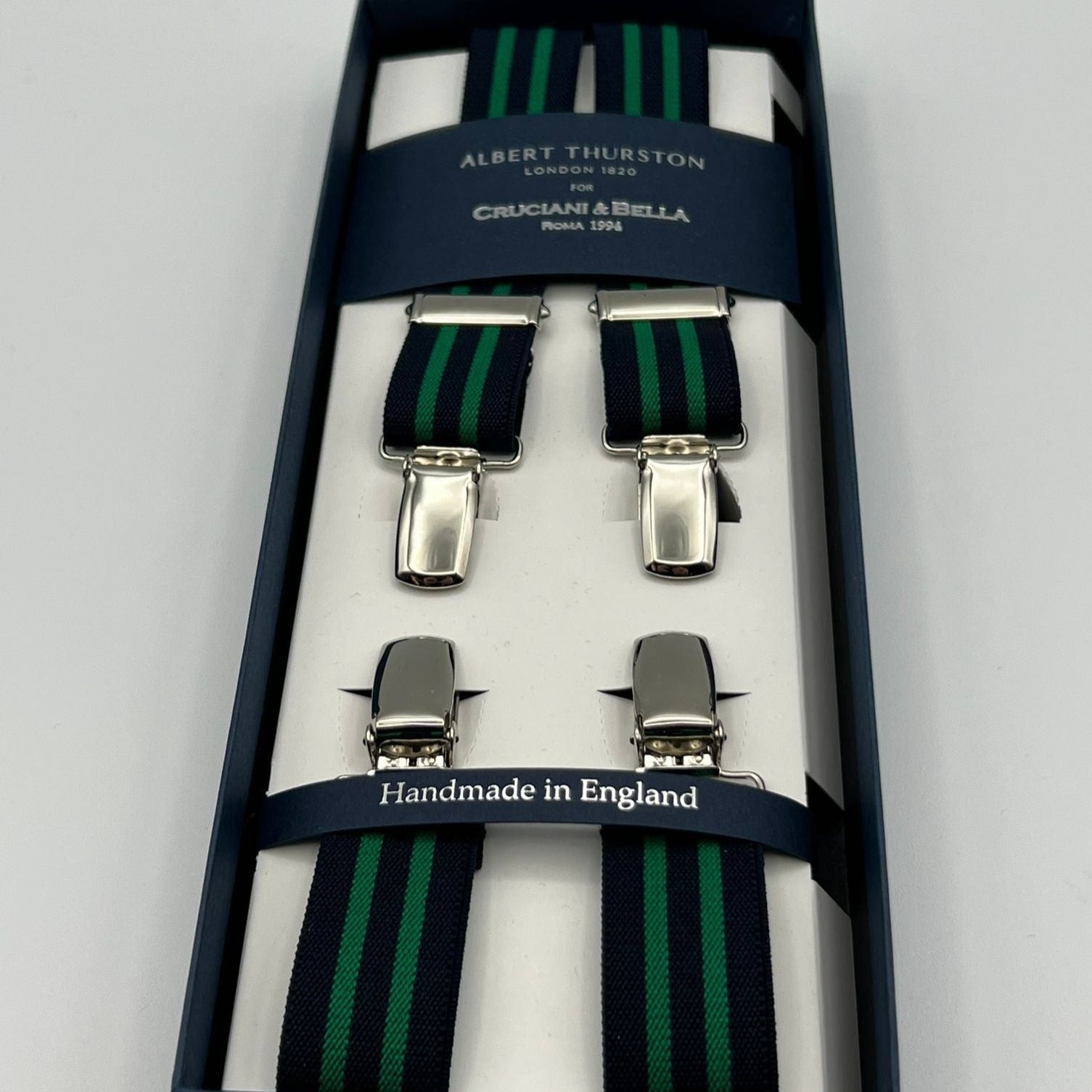Albert Thurston for Cruciani & Bella Made in England Clip on Adjustable Sizing 25 mm elastic braces Blue, Green Stripes X-Shaped Nickel Fittings Size: L #7380
