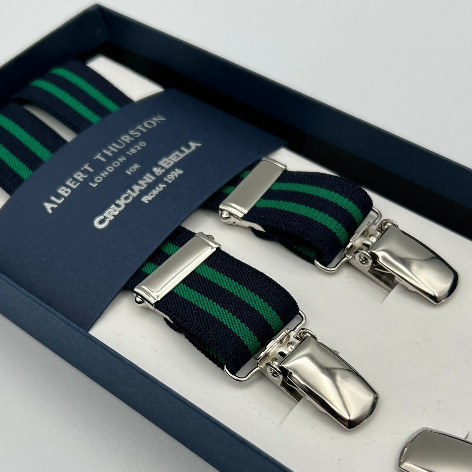 Albert Thurston for Cruciani & Bella Made in England Clip on Adjustable Sizing 25 mm elastic braces Blue, Green Stripes X-Shaped Nickel Fittings Size: L #7380