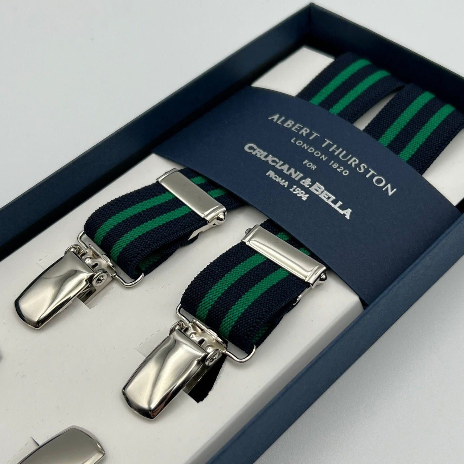 Albert Thurston for Cruciani & Bella Made in England Clip on Adjustable Sizing 25 mm elastic braces Blue, Green Stripes X-Shaped Nickel Fittings Size: L #7380