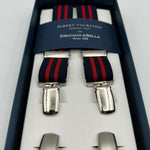 Albert Thurston for Cruciani & Bella Made in England Clip on Adjustable Sizing 25 mm elastic braces Blue, Red Stripes X-Shaped Nickel Fittings Size: L #7419