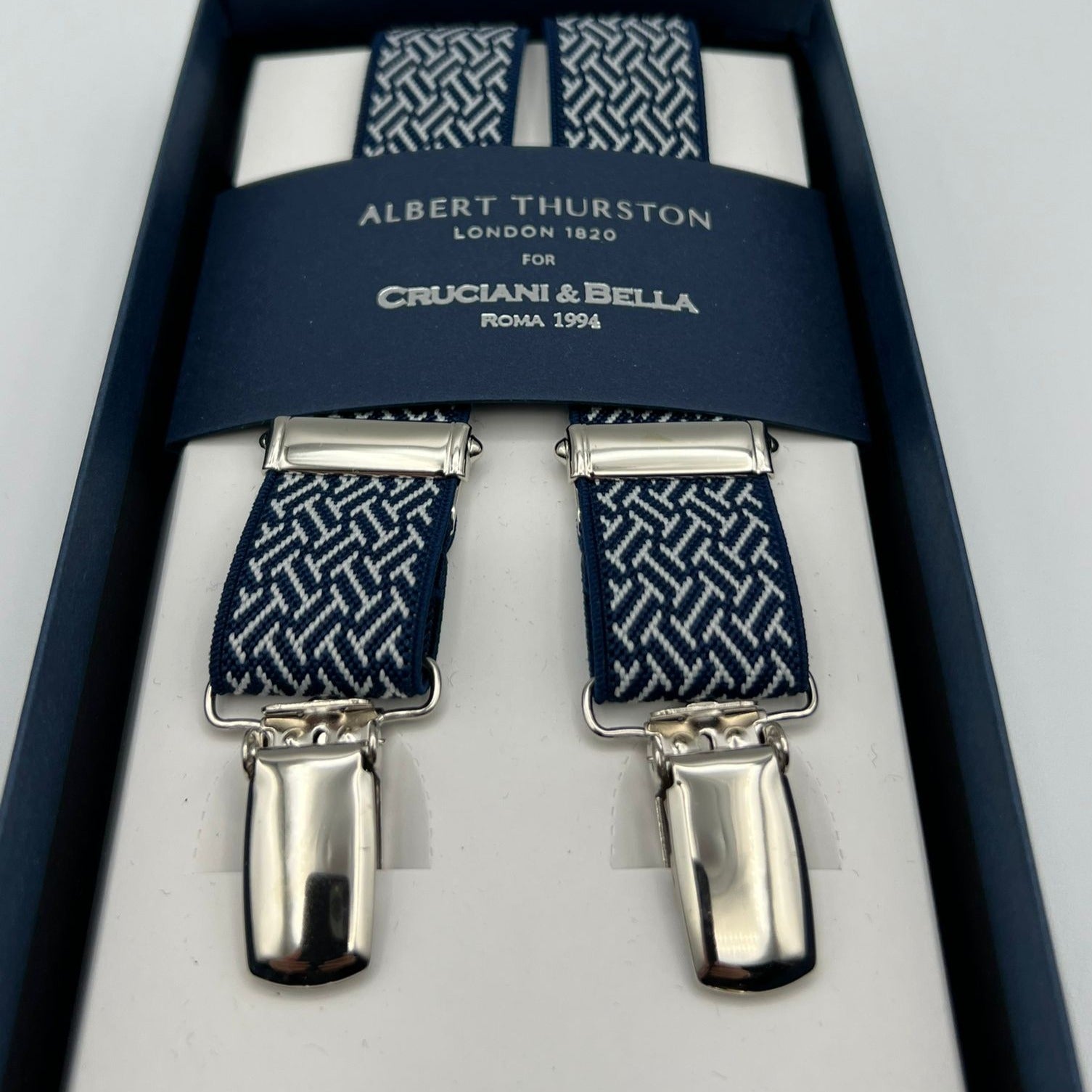 Albert Thurston for Cruciani & Bella Made in England Clip on Adjustable Sizing 25 mm elastic braces Blue and White Motif X-Shaped Nickel Fittings Size: L #7418