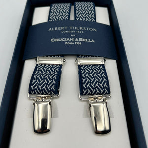 Albert Thurston for Cruciani & Bella Made in England Clip on Adjustable Sizing 25 mm elastic braces Blue and White Motif X-Shaped Nickel Fittings Size: L #7418