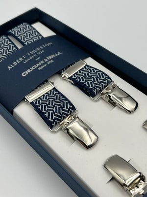 Albert Thurston for Cruciani & Bella Made in England Clip on Adjustable Sizing 25 mm elastic braces Blue and White Motif X-Shaped Nickel Fittings Size: L #7418