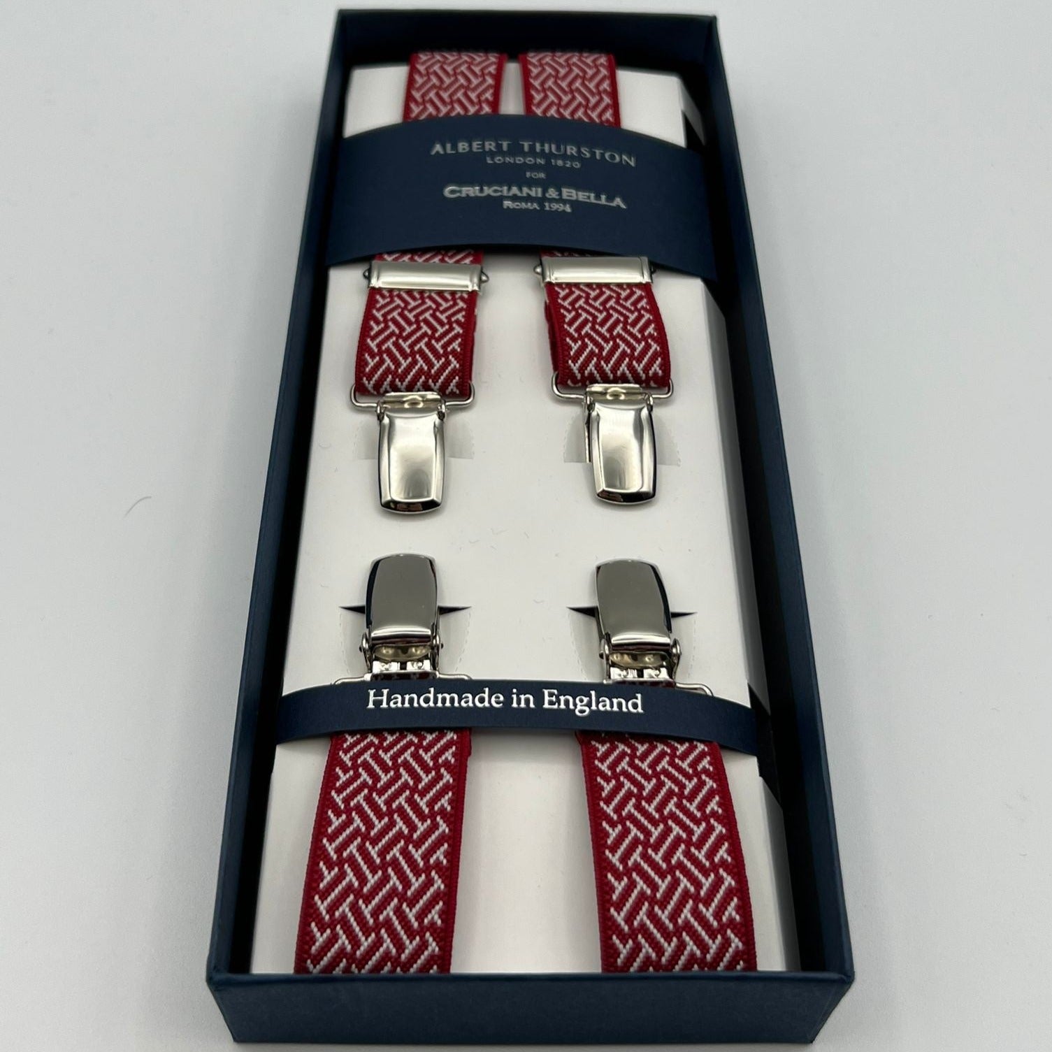 Albert Thurston for Cruciani & Bella Made in England Clip on Adjustable Sizing 25 mm elastic braces Red and White Motif X-Shaped Nickel Fittings Size: L #7378