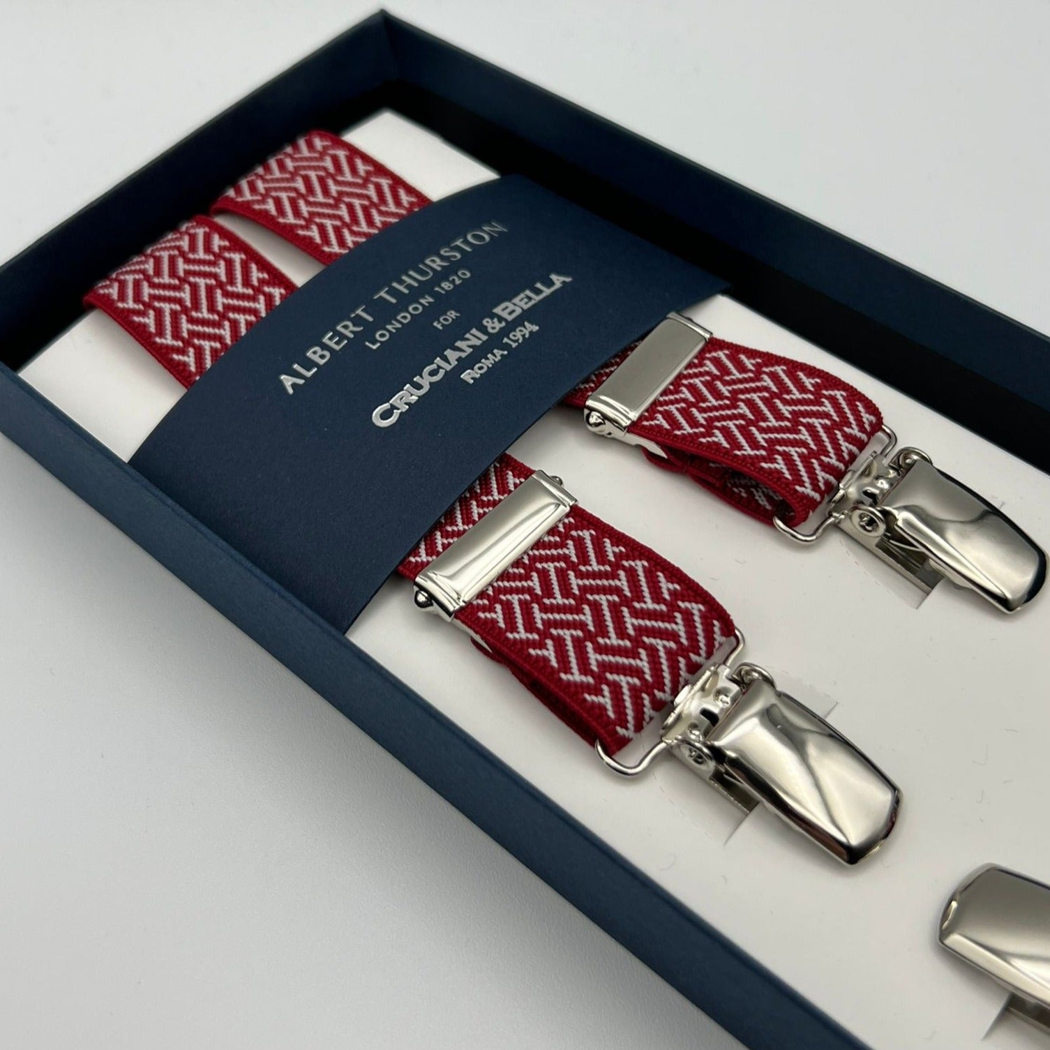 Albert Thurston for Cruciani & Bella Made in England Clip on Adjustable Sizing 25 mm elastic braces Red and White Motif X-Shaped Nickel Fittings Size: L #7378