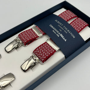 Albert Thurston for Cruciani & Bella Made in England Clip on Adjustable Sizing 25 mm elastic braces Red and White Motif X-Shaped Nickel Fittings Size: L #7378