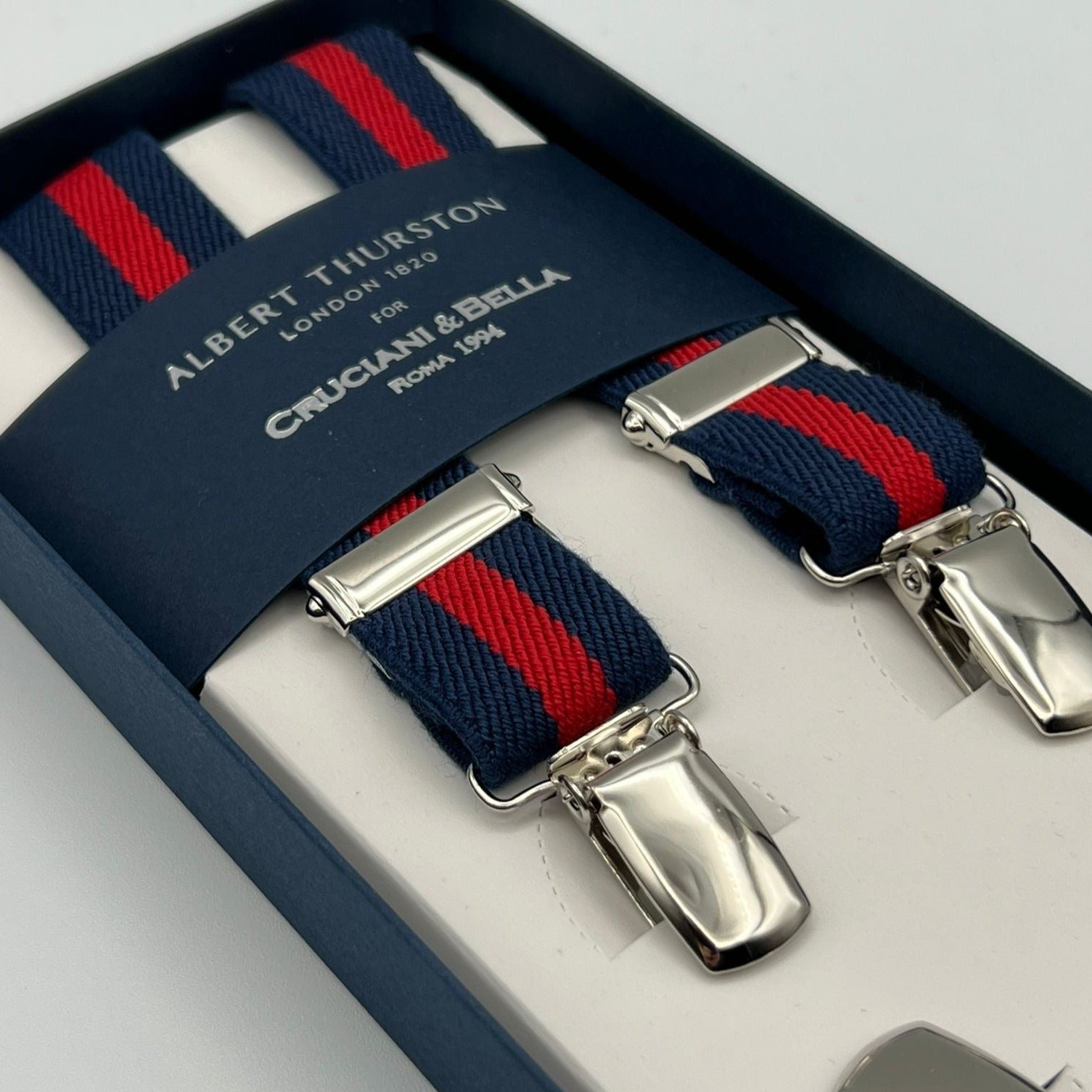 Albert Thurston for Cruciani & Bella Made in England Clip on Adjustable Sizing 25 mm elastic braces Blue, Red Stripes X-Shaped Nickel Fittings Size: L #7359