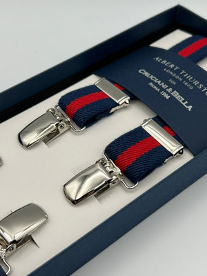 Albert Thurston for Cruciani & Bella Made in England Clip on Adjustable Sizing 25 mm elastic braces Blue, Red Stripes X-Shaped Nickel Fittings Size: L #7359