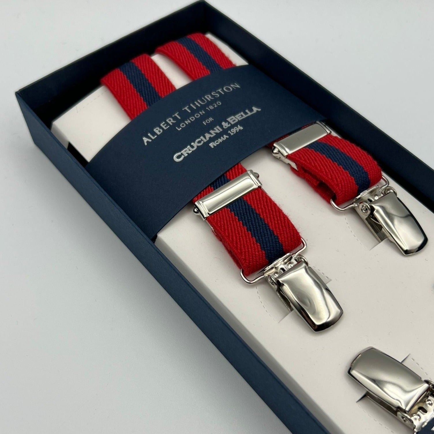 Albert Thurston for Cruciani & Bella Made in England Clip on Adjustable Sizing 25 mm elastic braces Red, Blue Stripes X-Shaped Nickel Fittings Size: L #7360