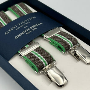 Albert Thurston for Cruciani & Bella Made in England Clip on Adjustable Sizing 25 mm elastic braces Brown, Green and White Stripes X-Shaped Nickel Fittings Size: L #7362