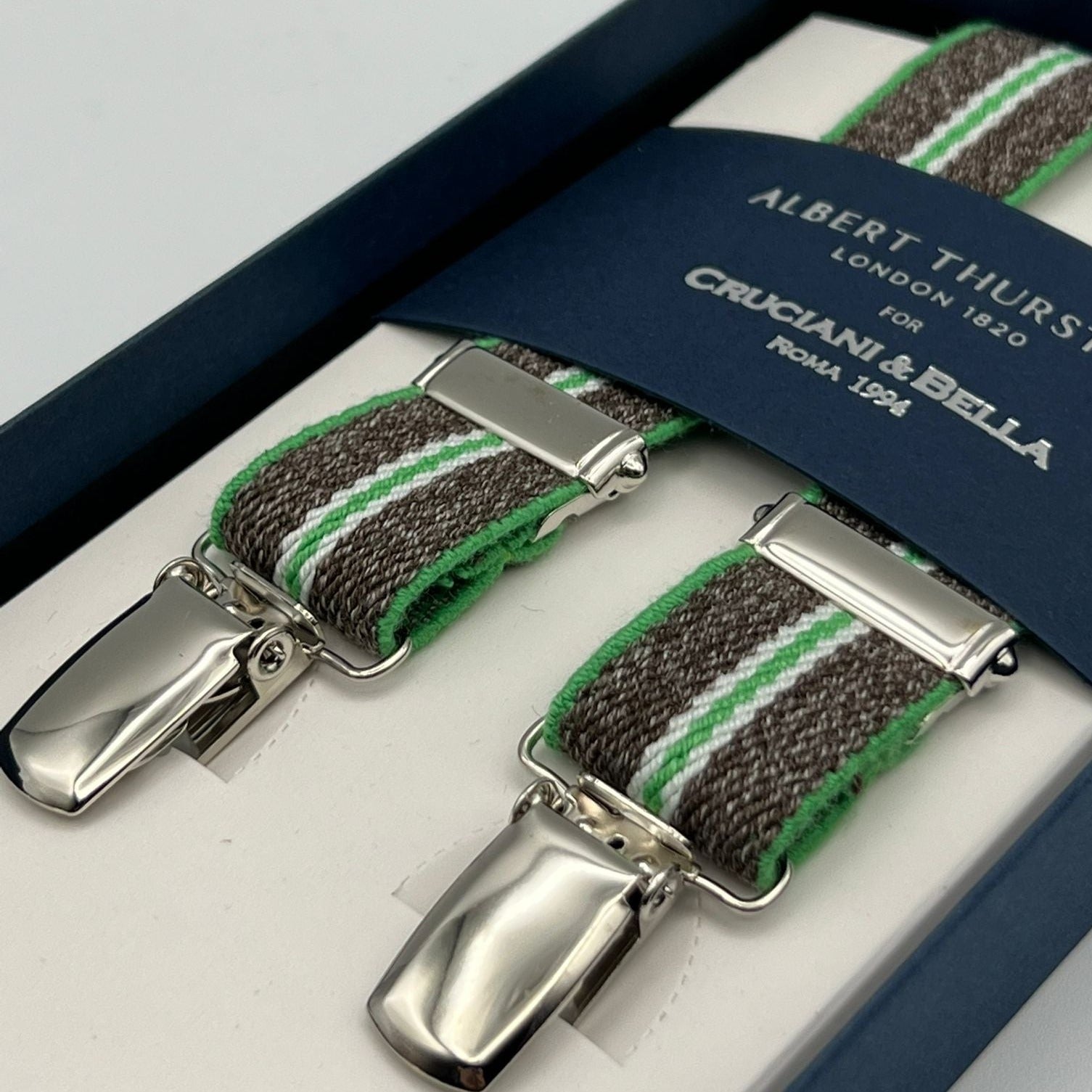 Albert Thurston for Cruciani & Bella Made in England Clip on Adjustable Sizing 25 mm elastic braces Brown, Green and White Stripes X-Shaped Nickel Fittings Size: L #7362