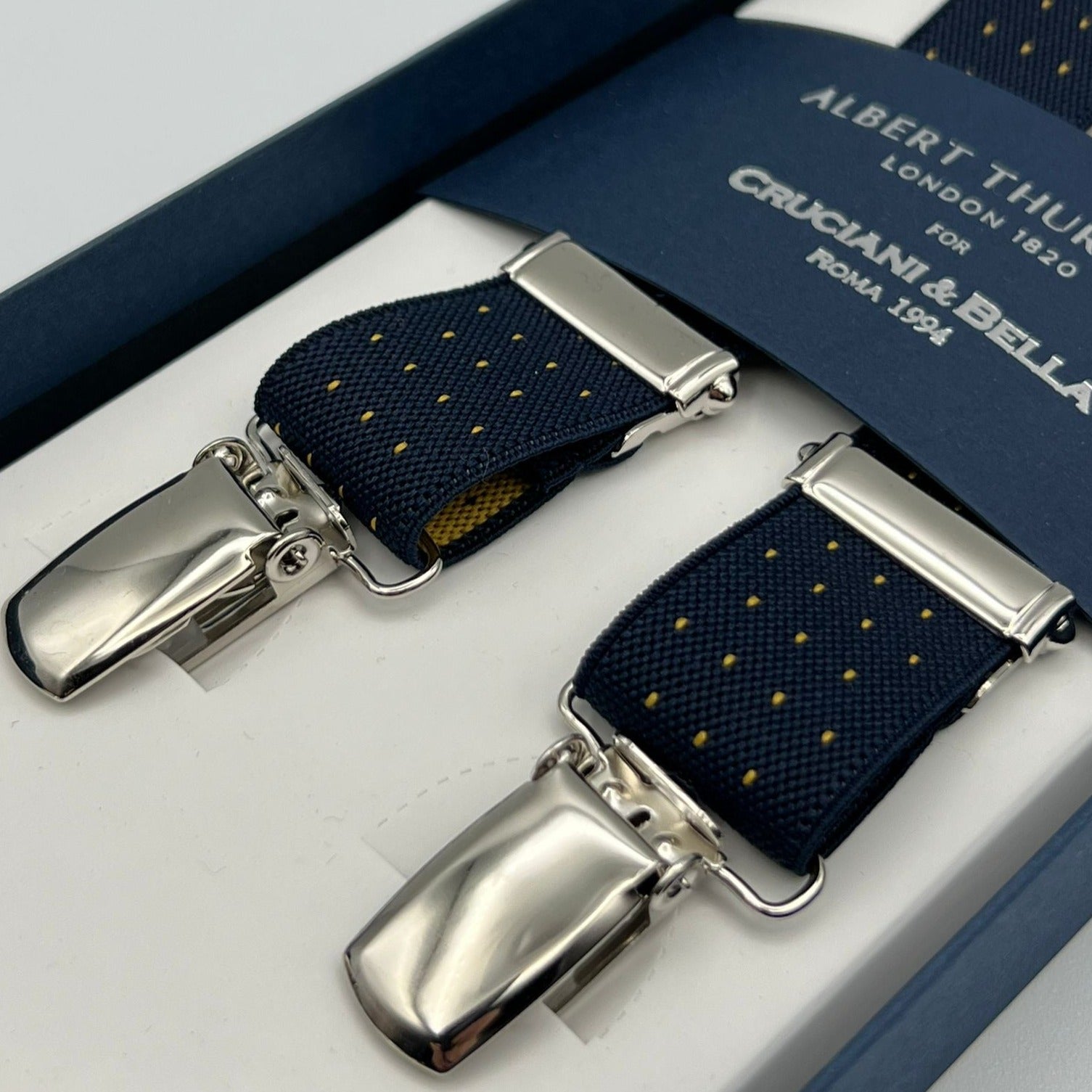 Albert Thurston for Cruciani & Bella Made in England Clip on Adjustable Sizing 25 mm elastic braces Blue, Yellow Dots X-Shaped Nickel Fittings Size: L #7377