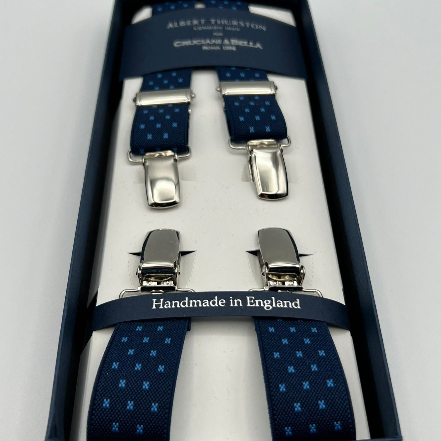 Albert Thurston for Cruciani & Bella Made in England Clip on Adjustable Sizing 25 mm elastic braces Blue, Light Blue Motif X-Shaped Nickel Fittings Size: L #7379