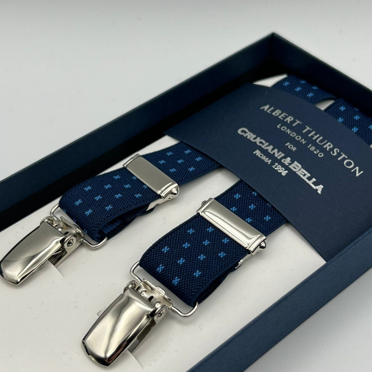 Albert Thurston for Cruciani & Bella Made in England Clip on Adjustable Sizing 25 mm elastic braces Blue, Light Blue Motif X-Shaped Nickel Fittings Size: L #7379