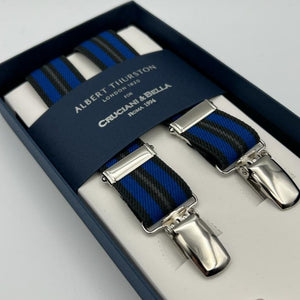 Albert Thurston for Cruciani & Bella Made in England Clip on Adjustable Sizing 25 mm elastic braces Blue, Light Blue Stripes X-Shaped Nickel Fittings Size: L #7363